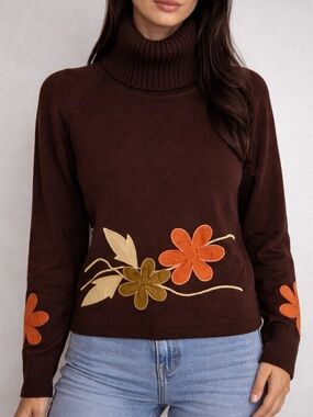 Vintage Brown turtleneck sweater with floral embroidery cottage earthy tone